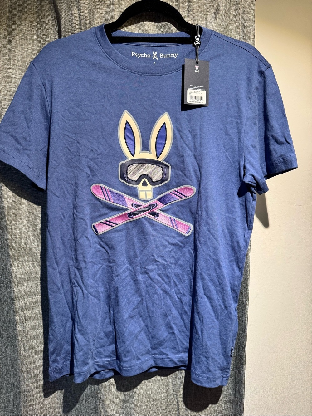 Psycho Bunny Blue Tee with Pink Ski Bunny Graphic